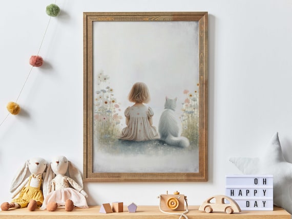 Girl and White Cat Sitting in Wildflower Meadow Nursery Poster