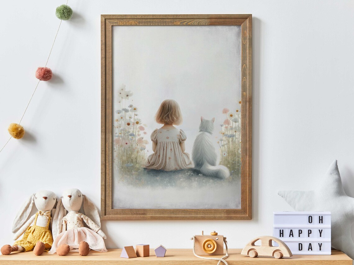 Girl and White Cat Sitting in Wildflower Meadow Nursery Poster