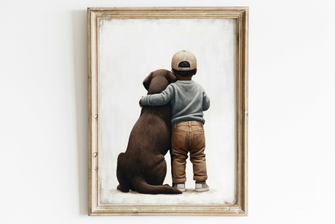 Boy And Chocolate Labrador Retriever Hugging Minimalist Poster - Image 3