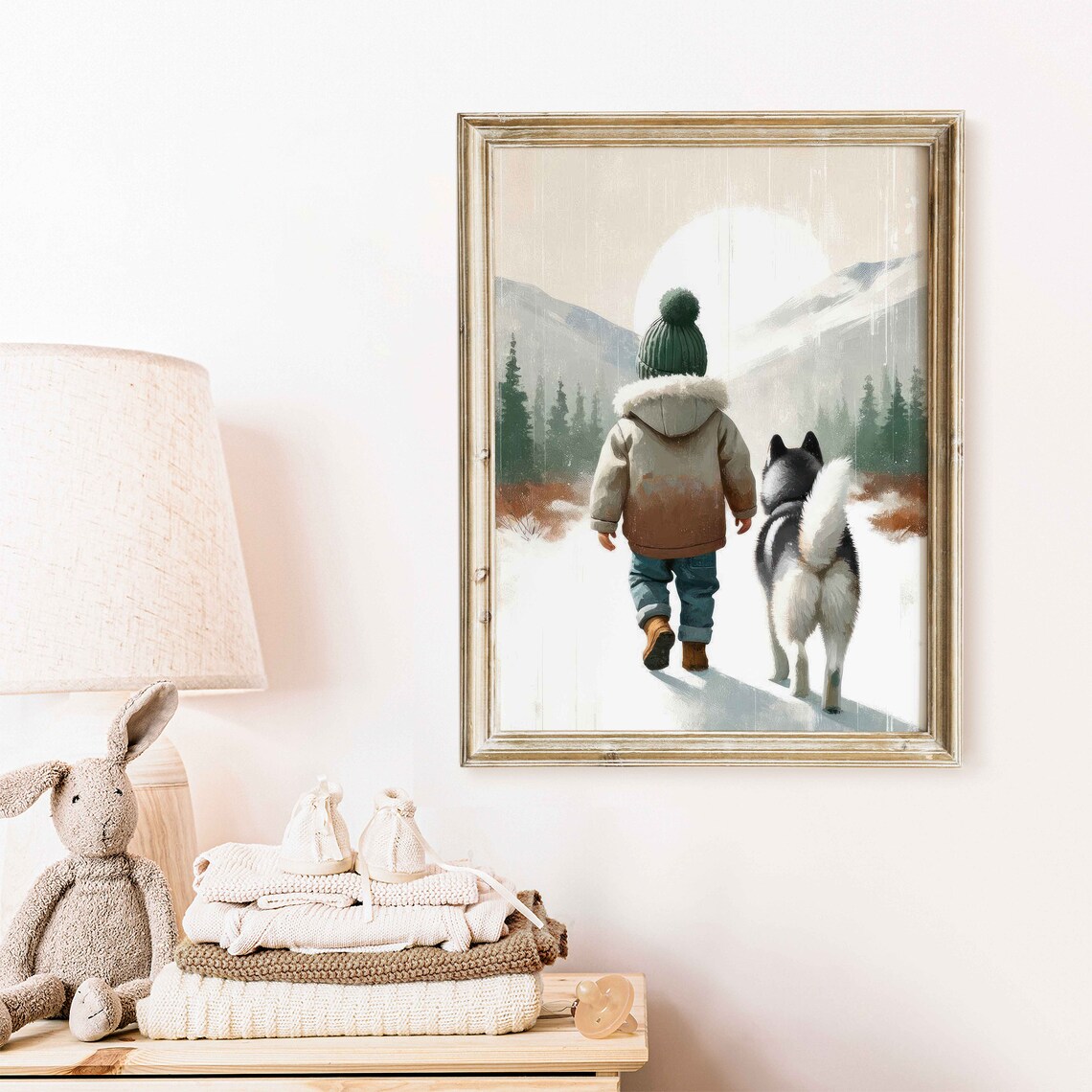 Little Boy and Husky Walking in Snowy Mountains Winter Wall Poster - Image 2