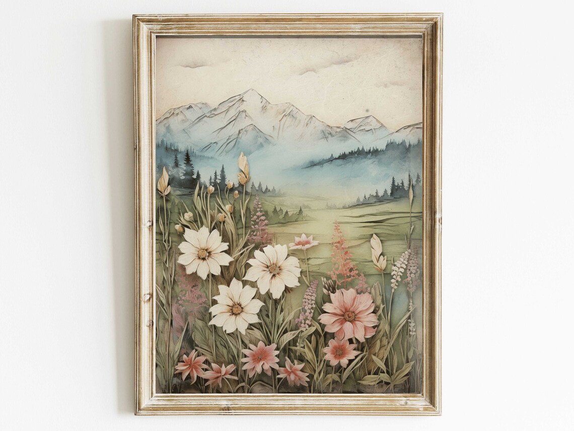 Wildflower And Mountain Vintage Nature Art Print