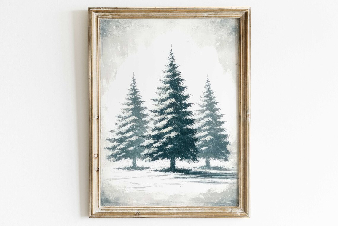 Three Snow-Covered Fir Trees in a Soft Winter Landscape Poster
