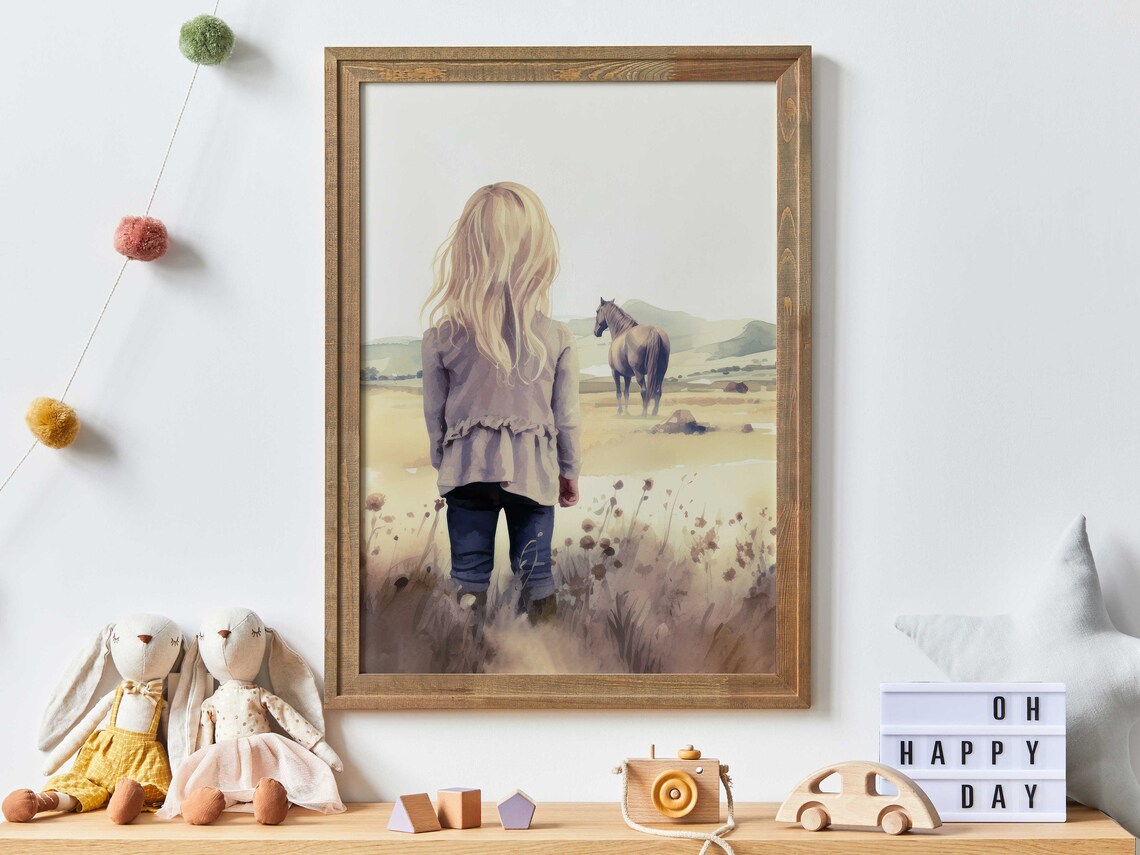 Little Girl Watching Horse in Wildflower Meadow Nursery Poster