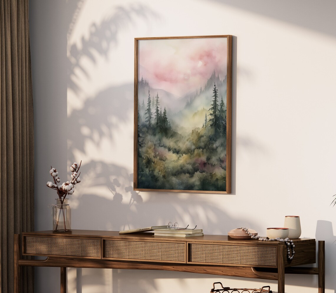 Watercolor Forest Nature Print, Misty Mountain Landscape - Image 3