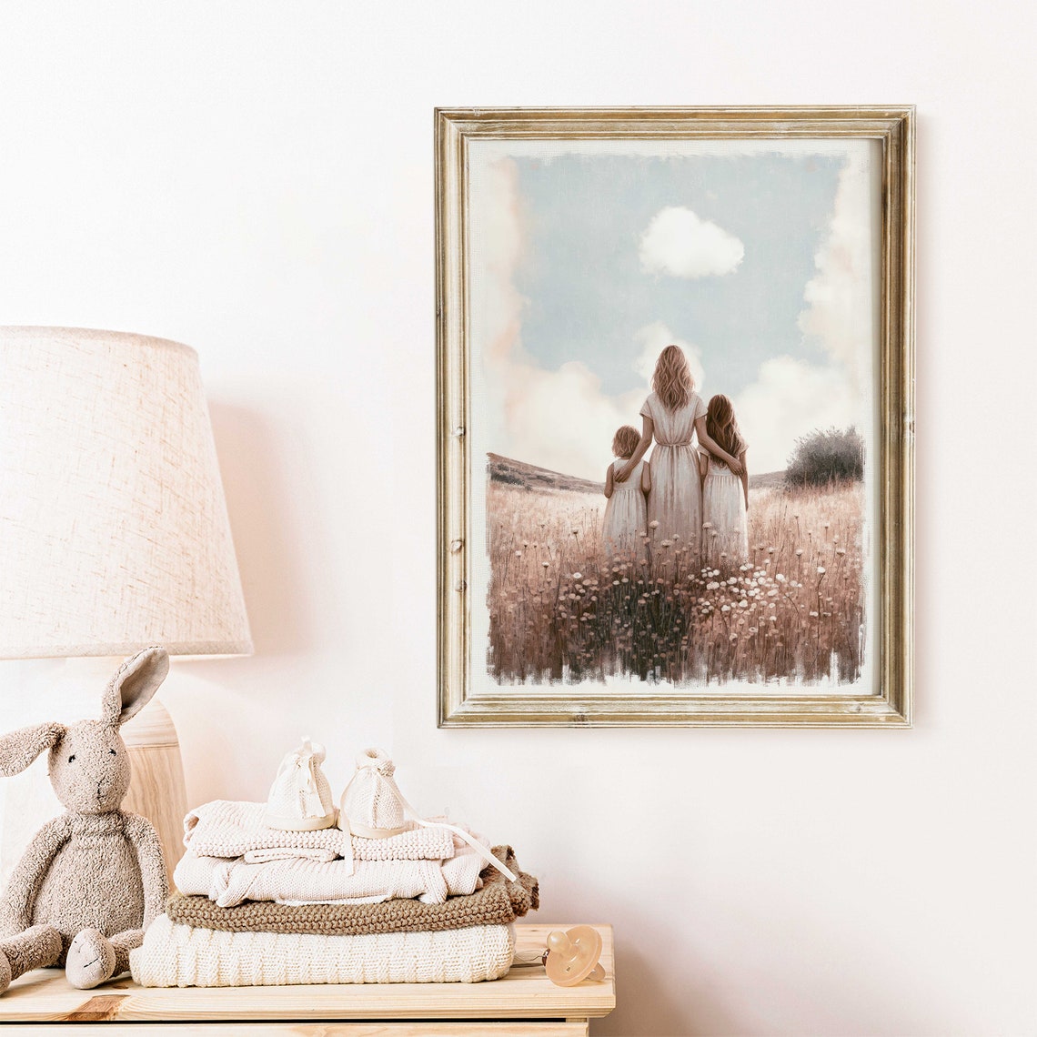 Mother with Two Daughters in Blooming Wildflower Field Art Poster - Image 2