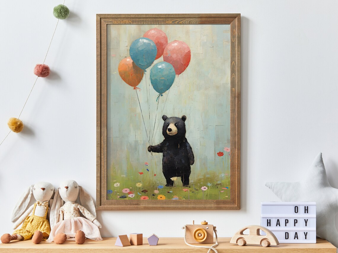 Black Bear Holding Colorful Balloons in Wildflower Meadow Poster