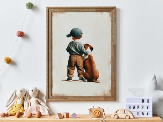 Boxer Dog Nursery Decor Art Print, Boy And Dog
