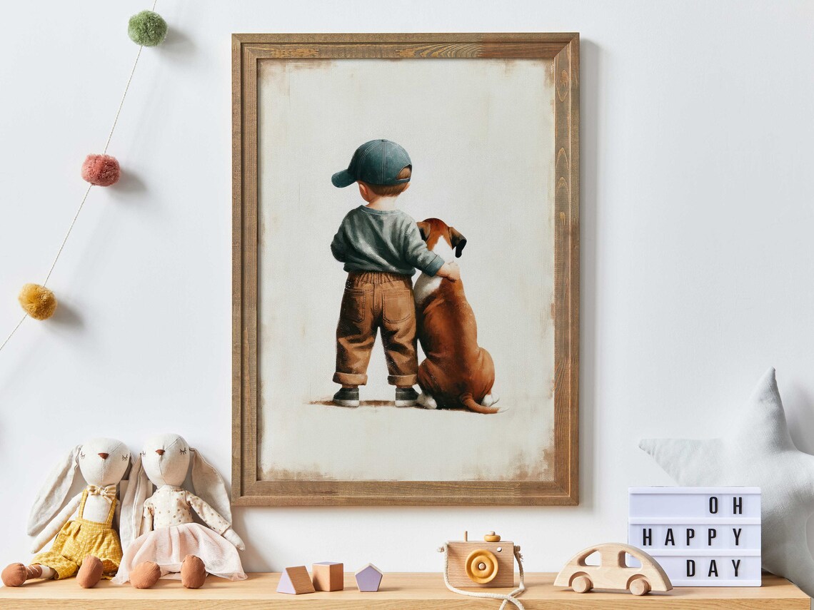 Boxer Dog Nursery Decor Art Print, Boy And Dog