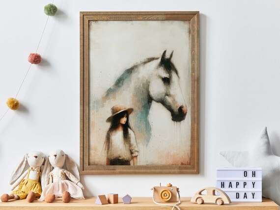 Young Girl Standing Beside Majestic White Horse Watercolor Poster