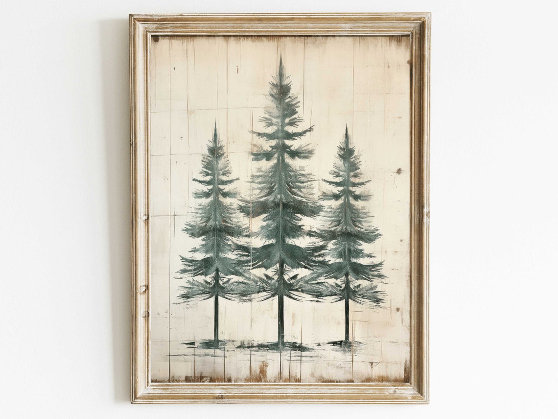 Three Tall Fir Trees on Cream Minimalist Winter Forest Art Poster