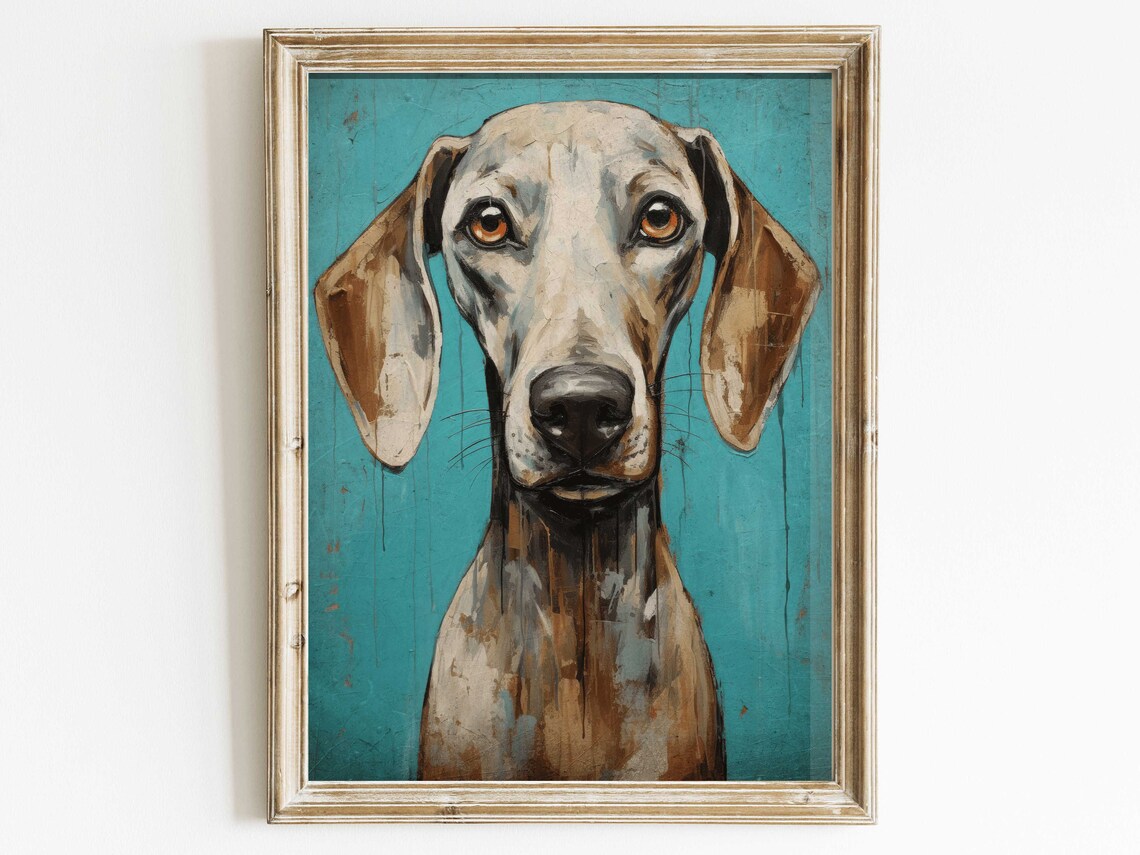 Soulful Weimaraner Dog Portrait on Rich Teal Vintage Style Poster