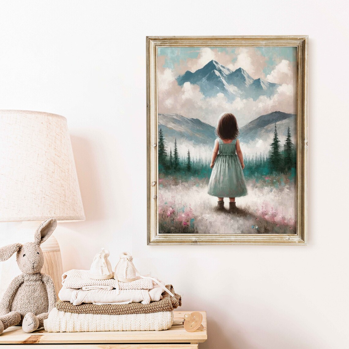 Little Girl Facing Snowy Mountains Poster Sage Dress Watercolor Decor - Image 2