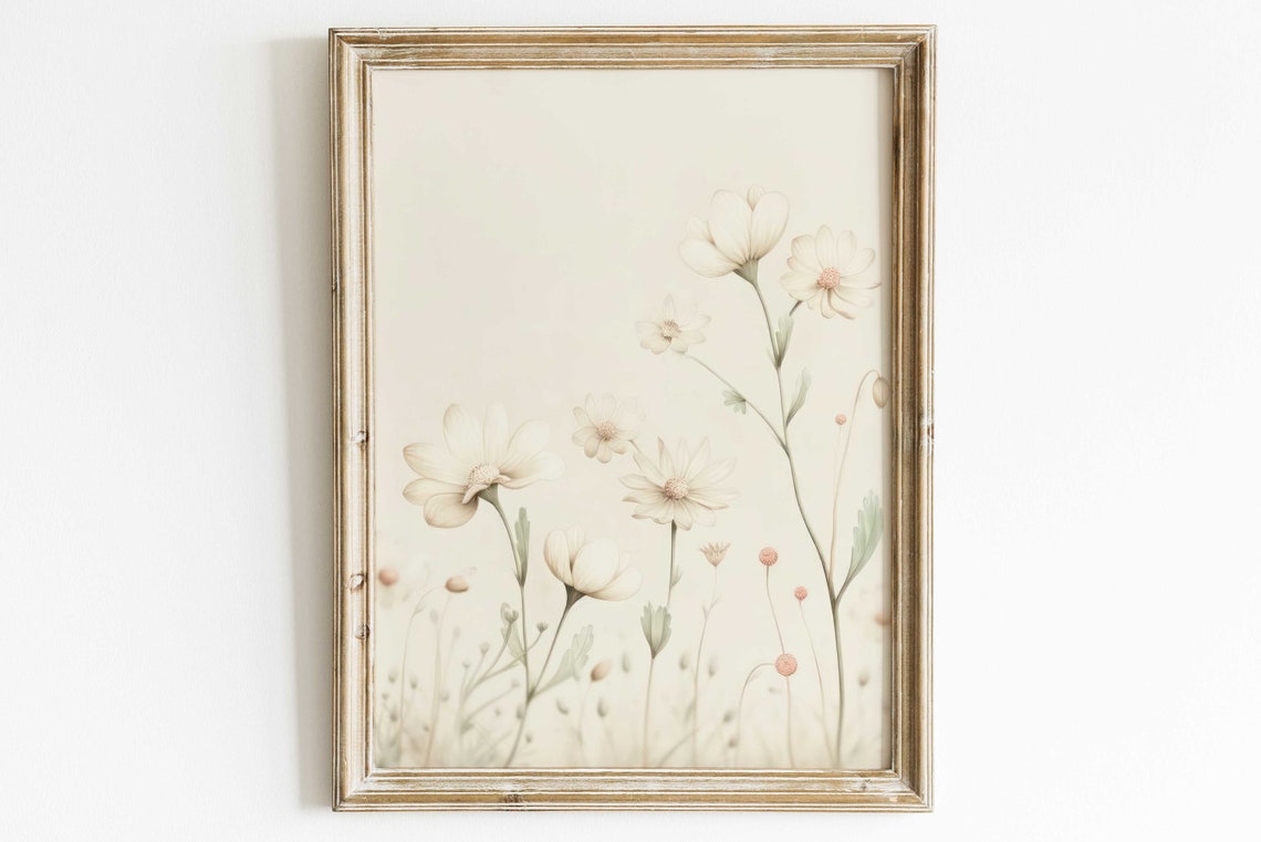Cream Wildflowers on Sage Minimalist Botanical Nursery Wall Poster