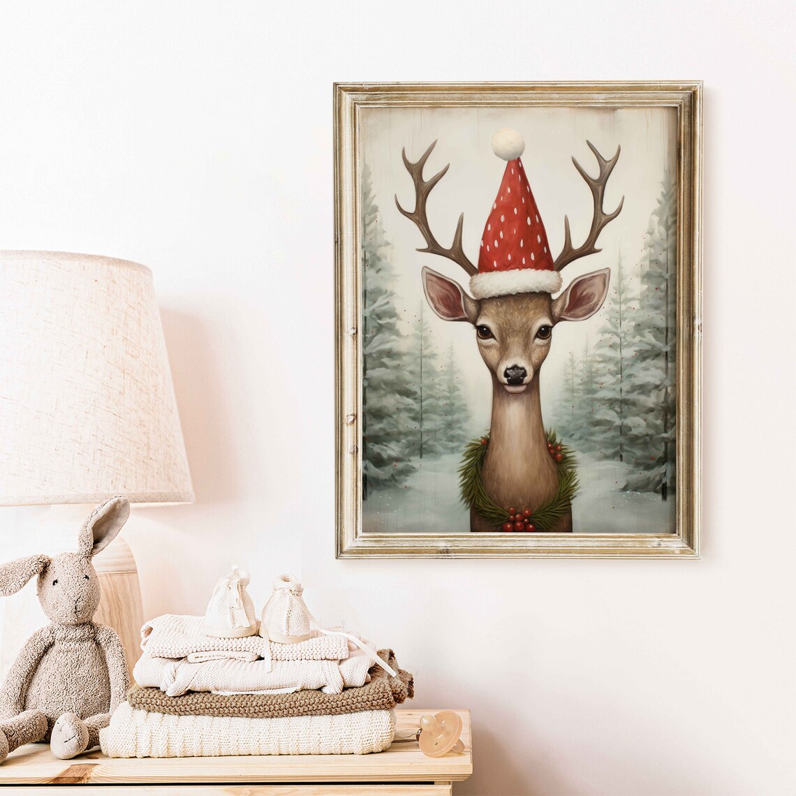 Cute Deer in Christmas Forest with Snowman Kids Holiday Art Poster - Image 2