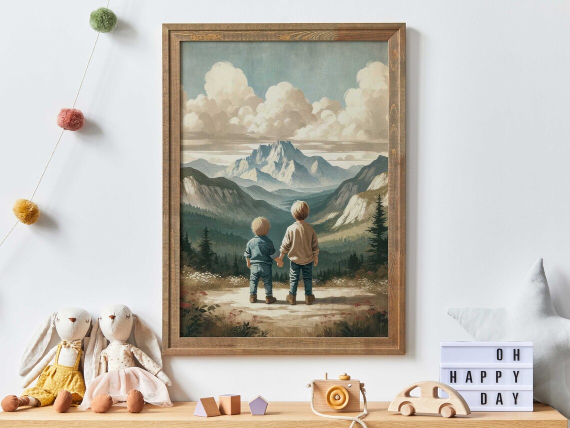 Two Boys Holding Hands Overlooking Mountain Valley Art Poster