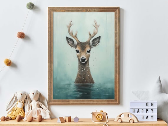 Cute Deer Bathing in Teal Water Woodland Nursery Animal Poster