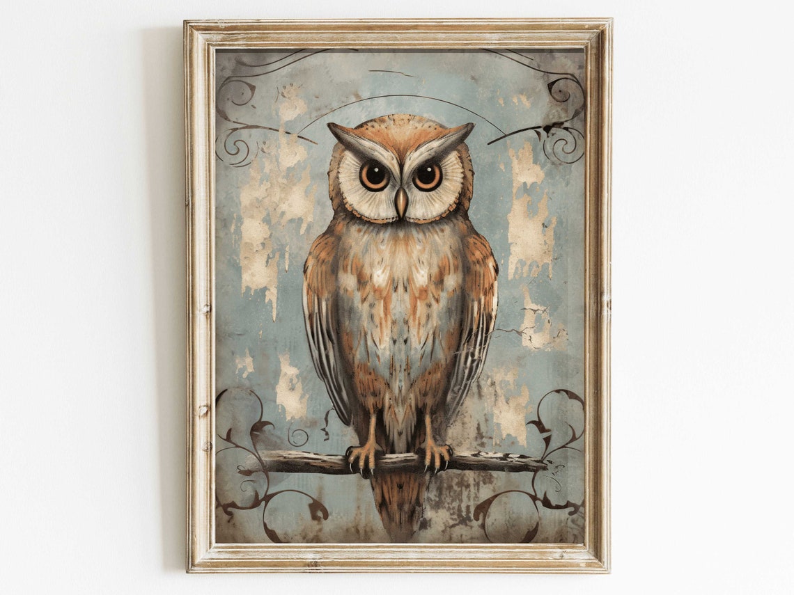 Vintage Barn Owl Portrait on a Branch in Distressed Blue Poster