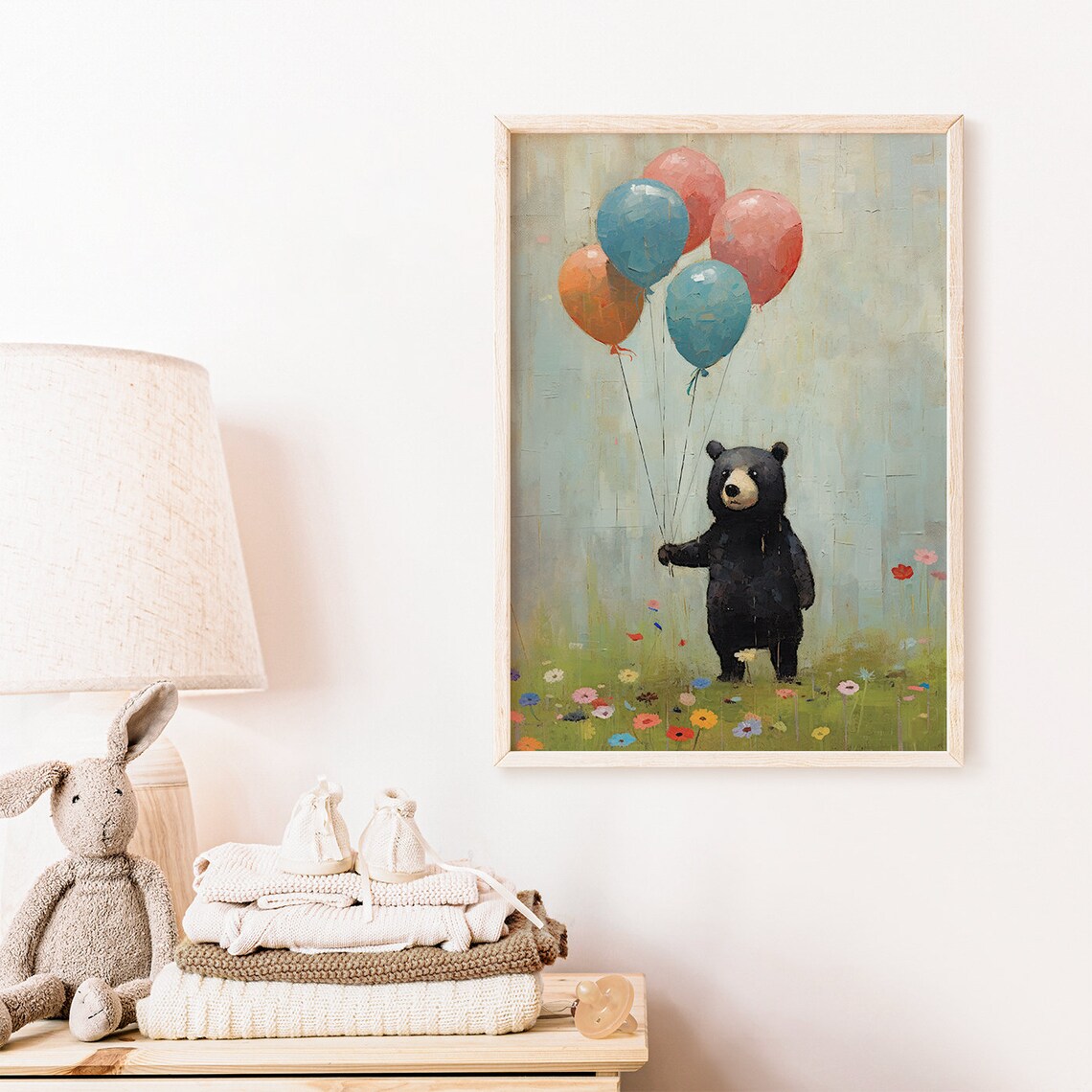 Black Bear Holding Colorful Balloons in Wildflower Meadow Poster - Image 2