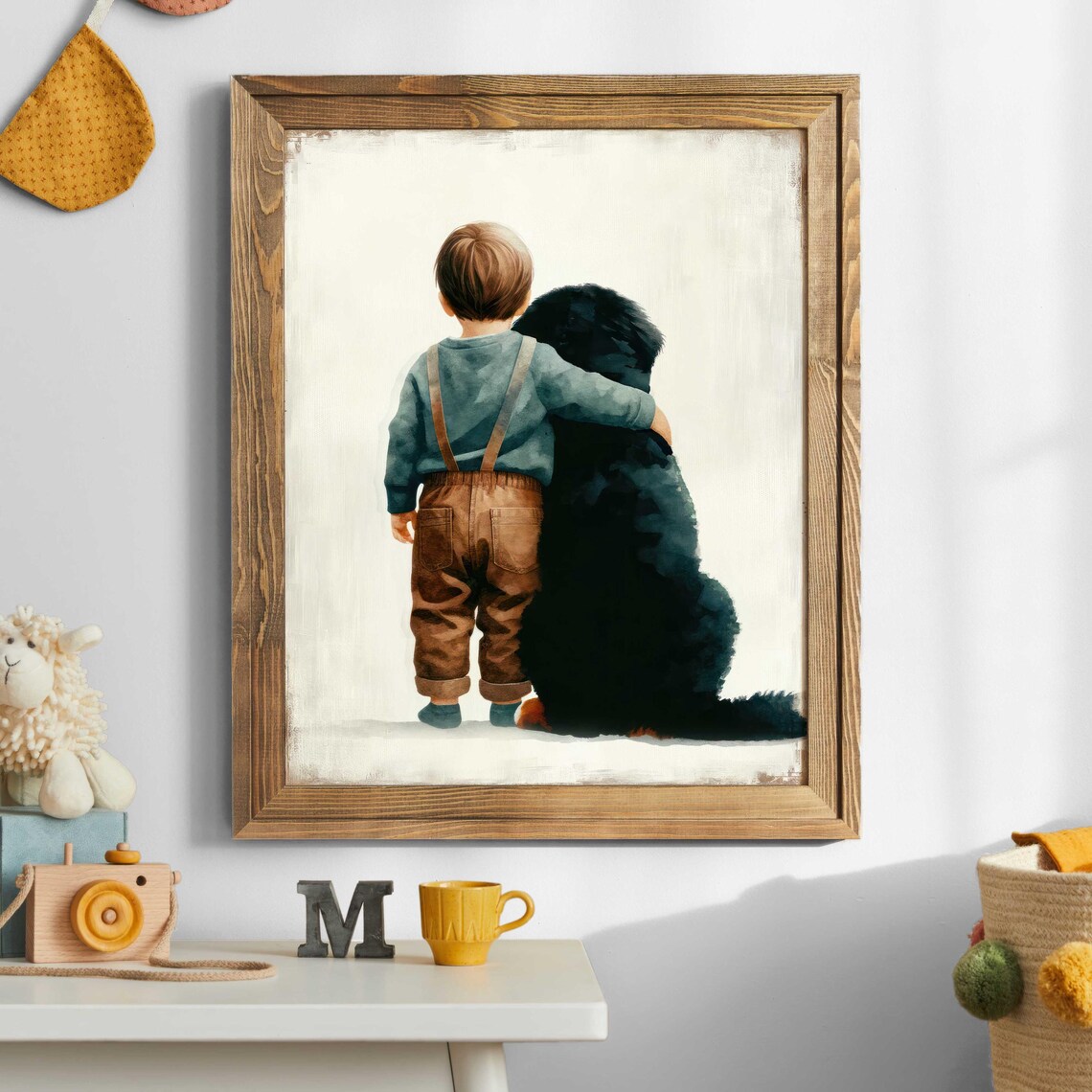 Boy Hugging Big Black Dog Poster Sweet Watercolor Nursery Bond Art - Image 3