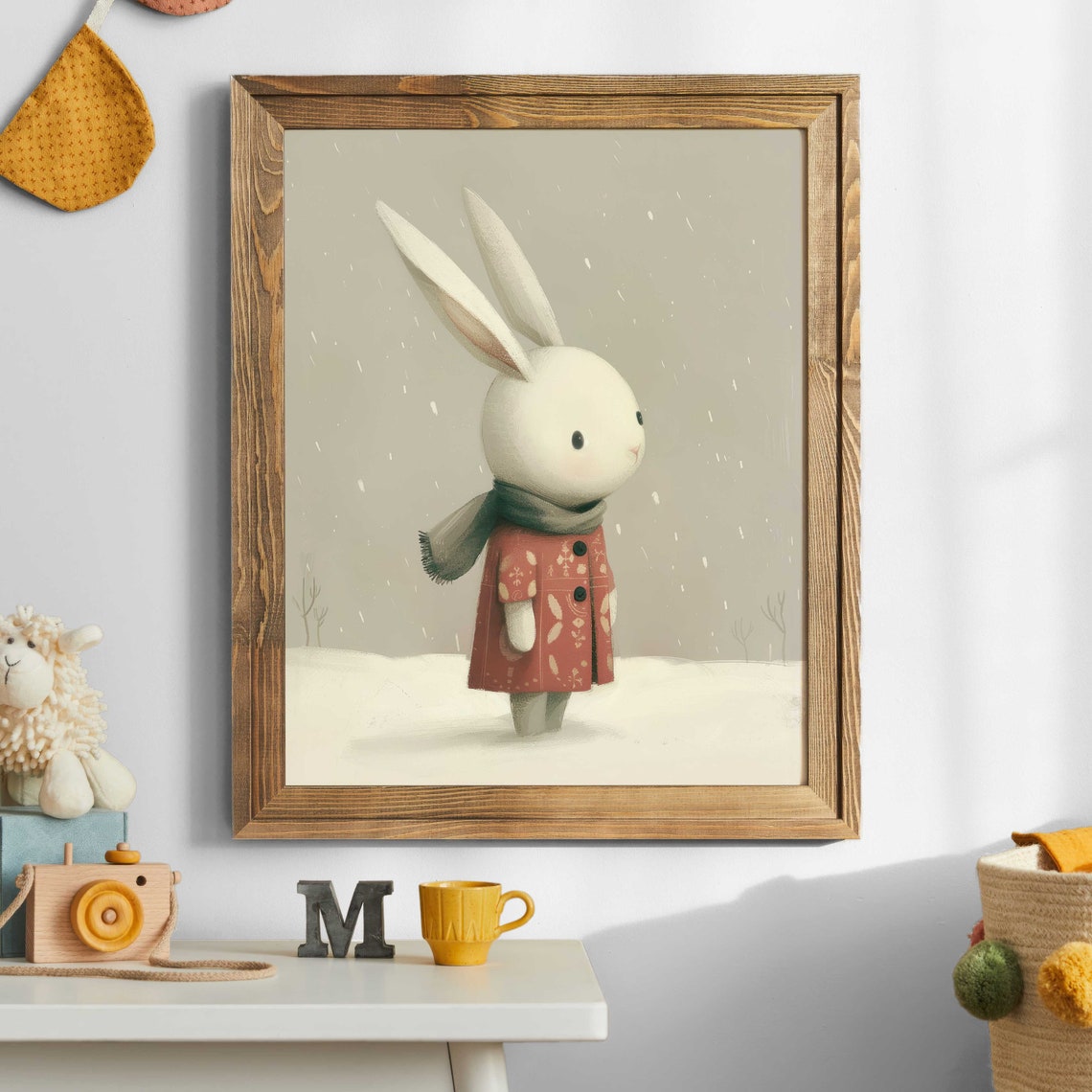 Cute Bunny In Red Coat And Scarf Winter Snowfall Nursery Poster - Image 3