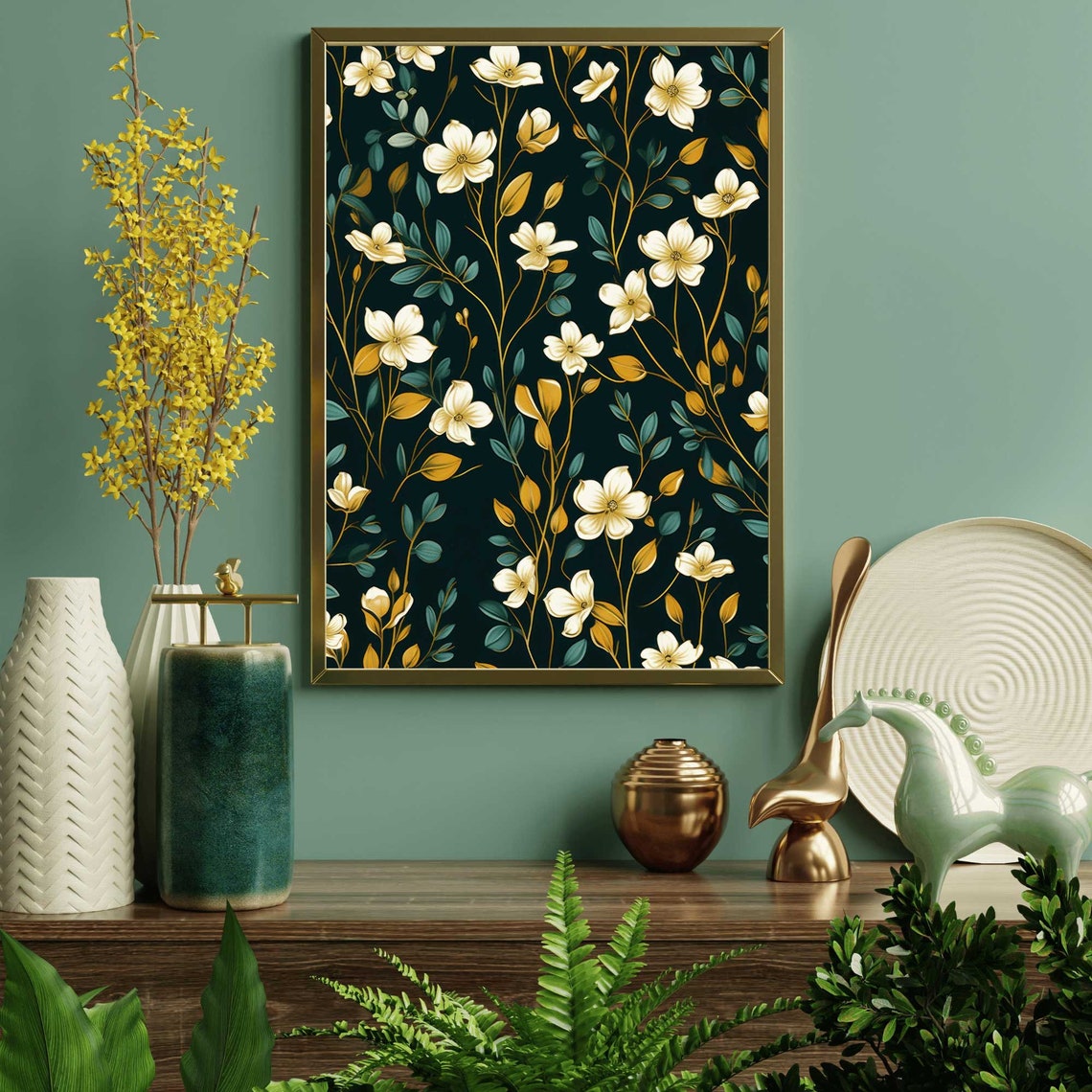 Elegant White Blossoms on Deep Green Floral Pattern Wall Art - Image 2