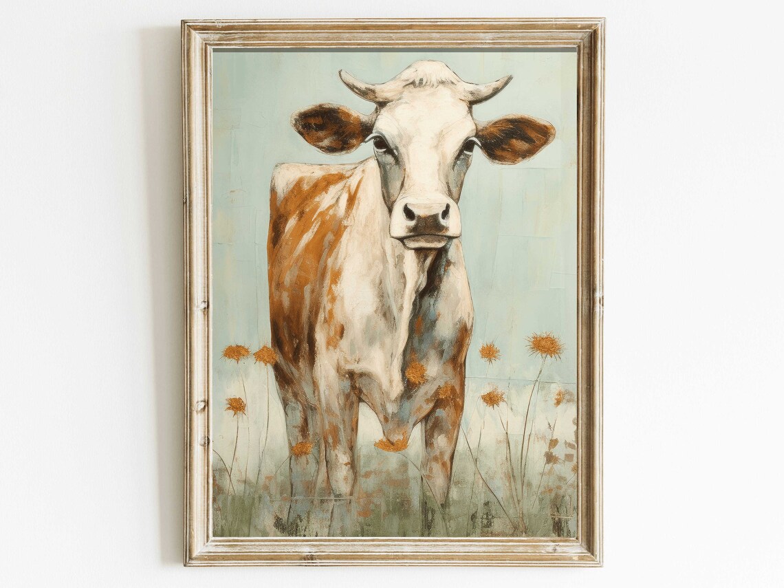 Whimsical Painted Cow Portrait Among Golden Wildflowers Poster