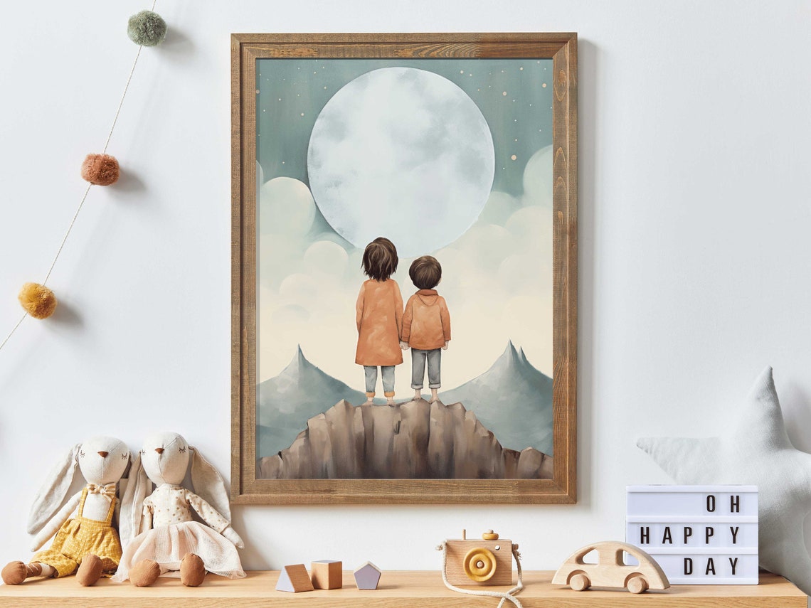 Two Kids on a Cliff Under a Giant Moon Sibling Adventure Wall Poster