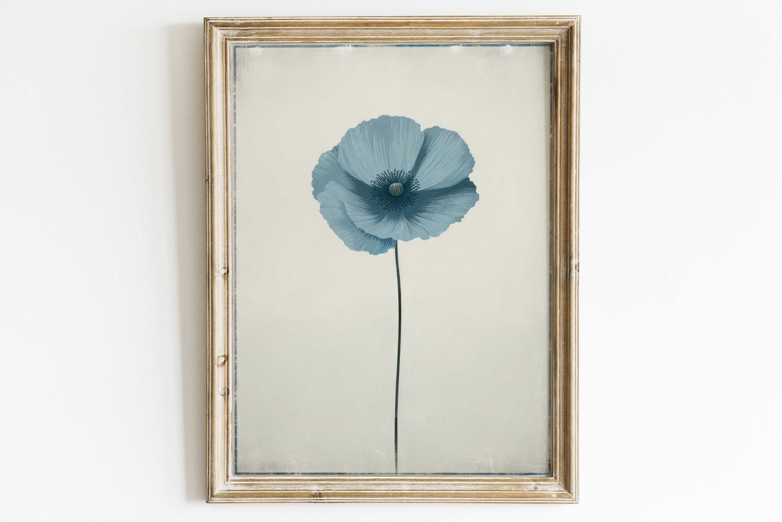 Minimalist Single Blue Poppy Stem on Cream Vintage Botanical Poster