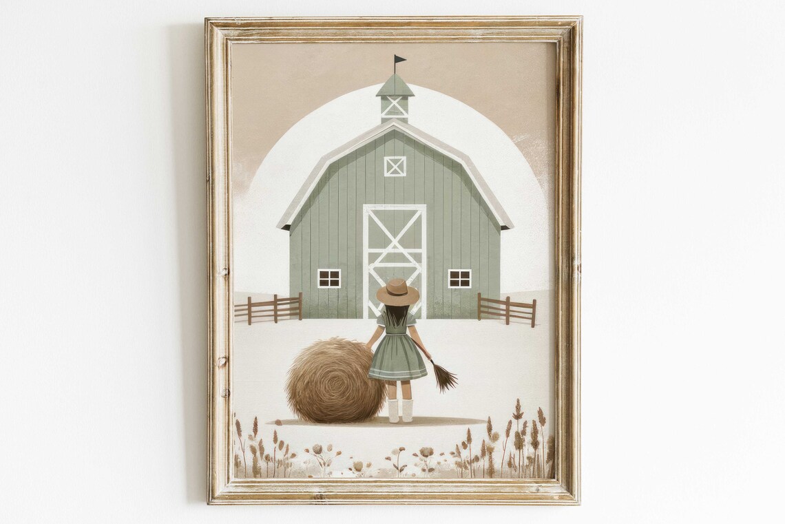 Sage Green Barn With Girl And Hay Bale Minimalist Farm Nursery Poster - Image 3