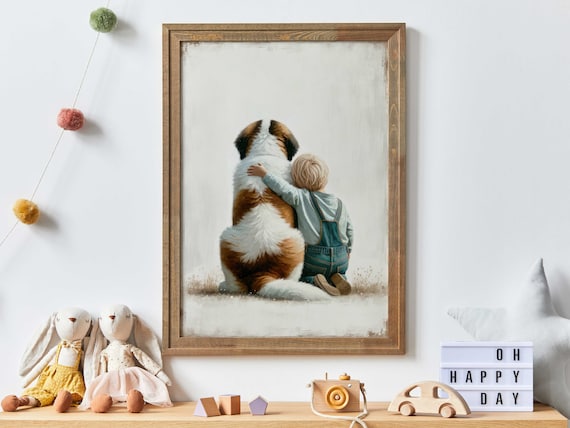 Little Boy With Arms Wrapped Around His Big Saint Bernard Poster