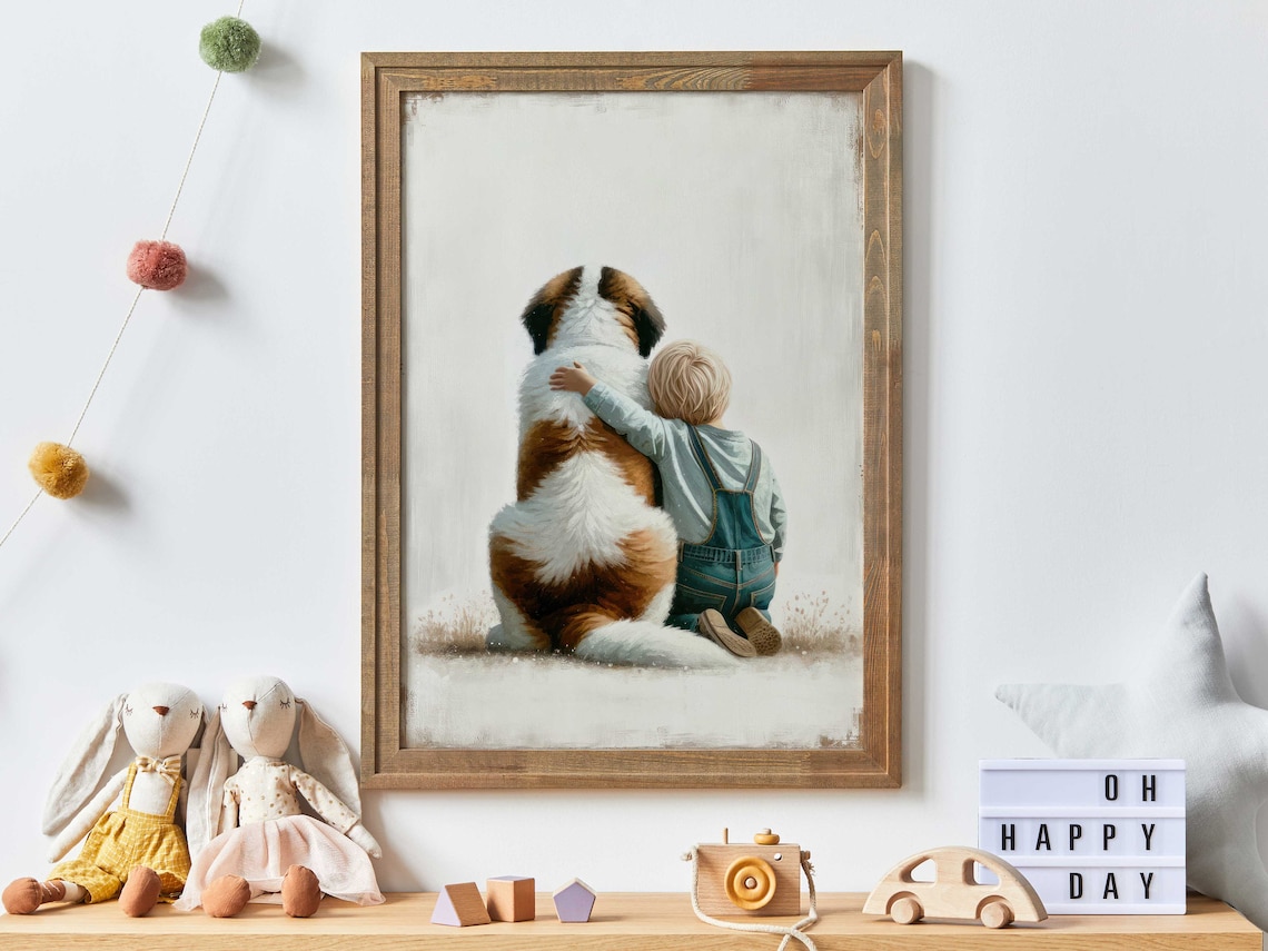 Little Boy With Arms Wrapped Around His Big Saint Bernard Poster