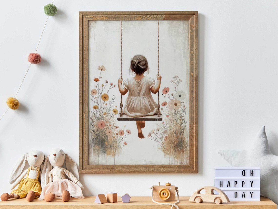 Girl On A Swing Vintage Nursery Art Print