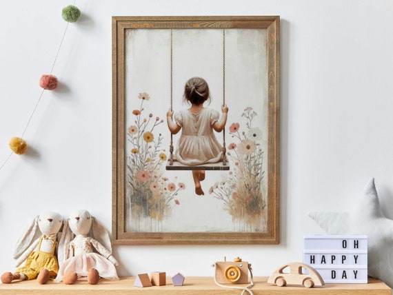 Girl On A Swing Vintage Nursery Art Print