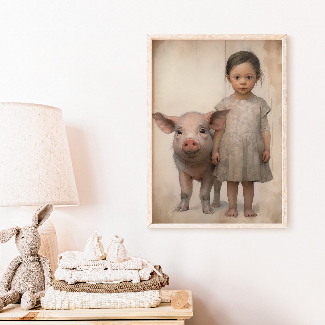 Sweet Girl and Her Piglet in a Vintage Farmhouse Portrait Poster - Image 2
