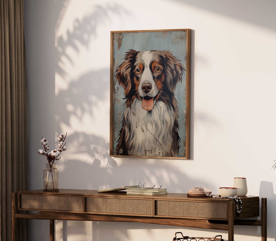 Smiling Australian Shepherd Dog Portrait Vintage Farmhouse Poster - Image 2