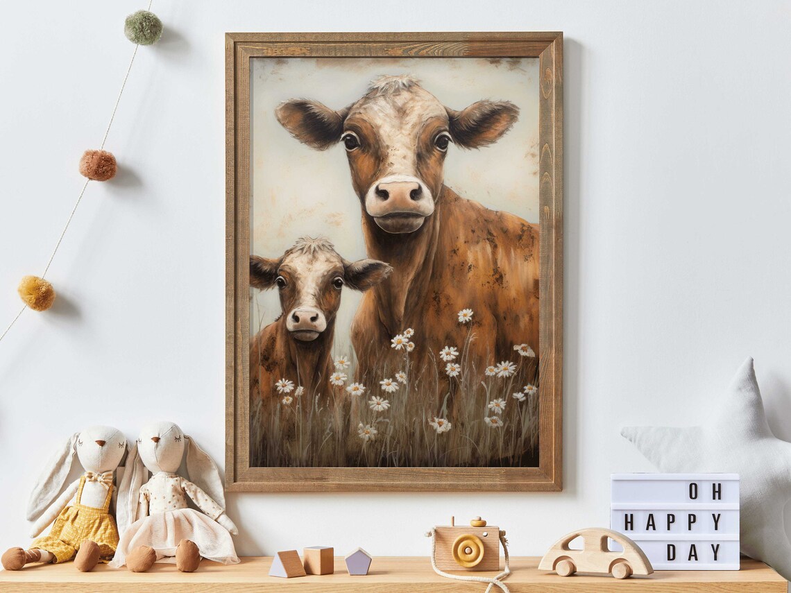 Cow and Calf in a Daisy Field Rustic Farm Animal Nursery Wall Poster - Image 2