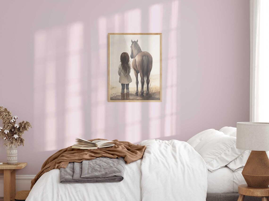 Little Girl And Her Brown Horse Watercolor Nursery Decor Poster - Image 3