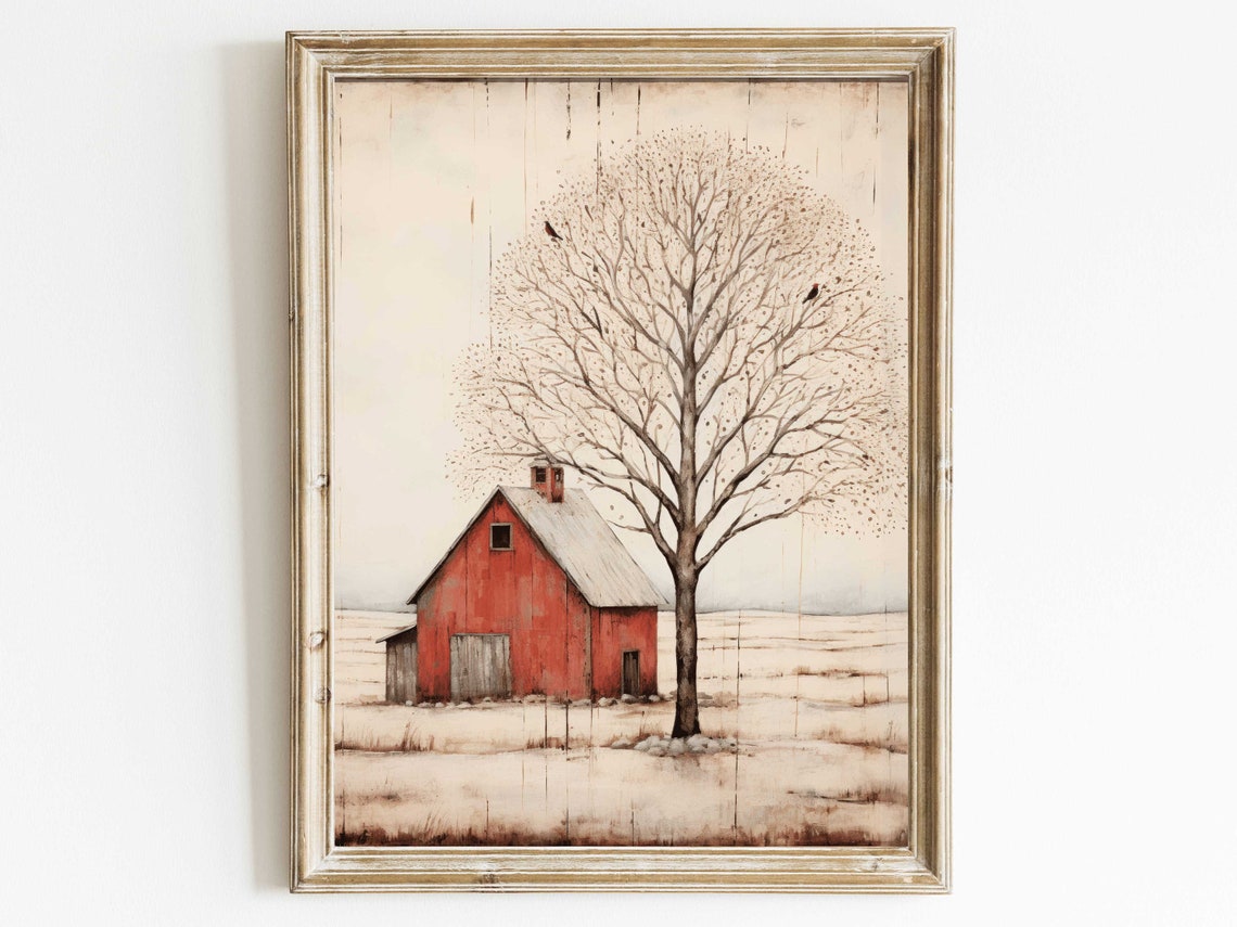 Vintage Red Barn Beside a Tall Bare Tree Rustic Farmhouse Poster