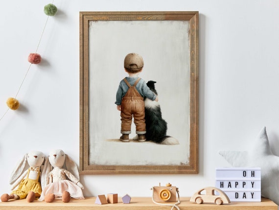 Border Collie Nursery Decor, Boy And Dog Art Print