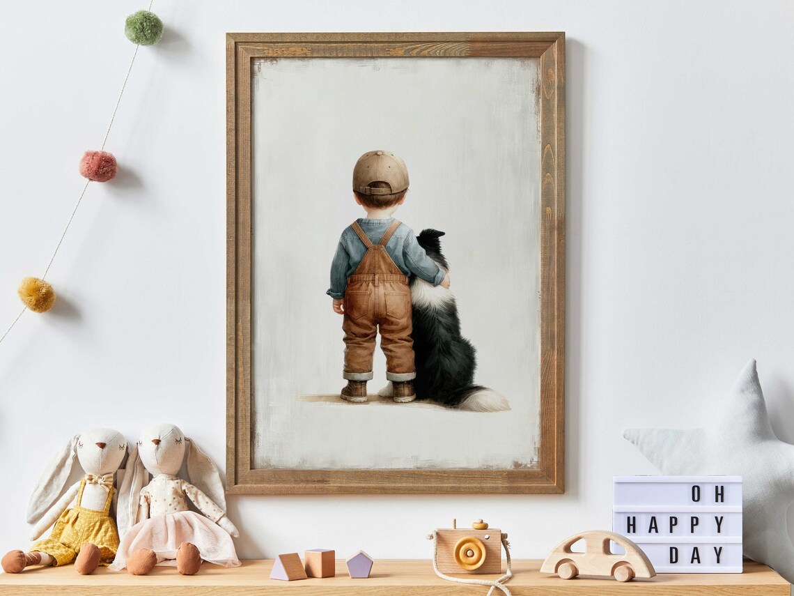 Border Collie Nursery Decor, Boy And Dog Art Print