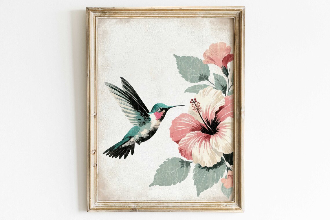 Teal Hummingbird Approaching Pink Hibiscus Flowers Vintage Bird Print