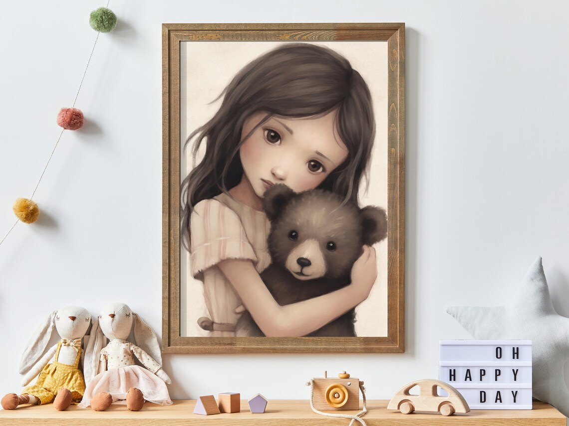 Little Girl Hugging A Cute Baby Bear Cub Vintage Nursery Poster