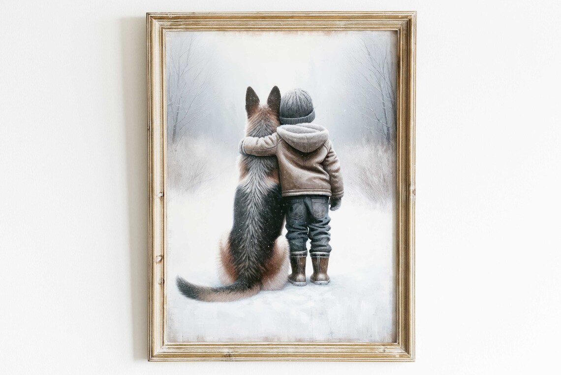 German Shepherd Winter Bond Art Print, Nursery Decor - Image 2