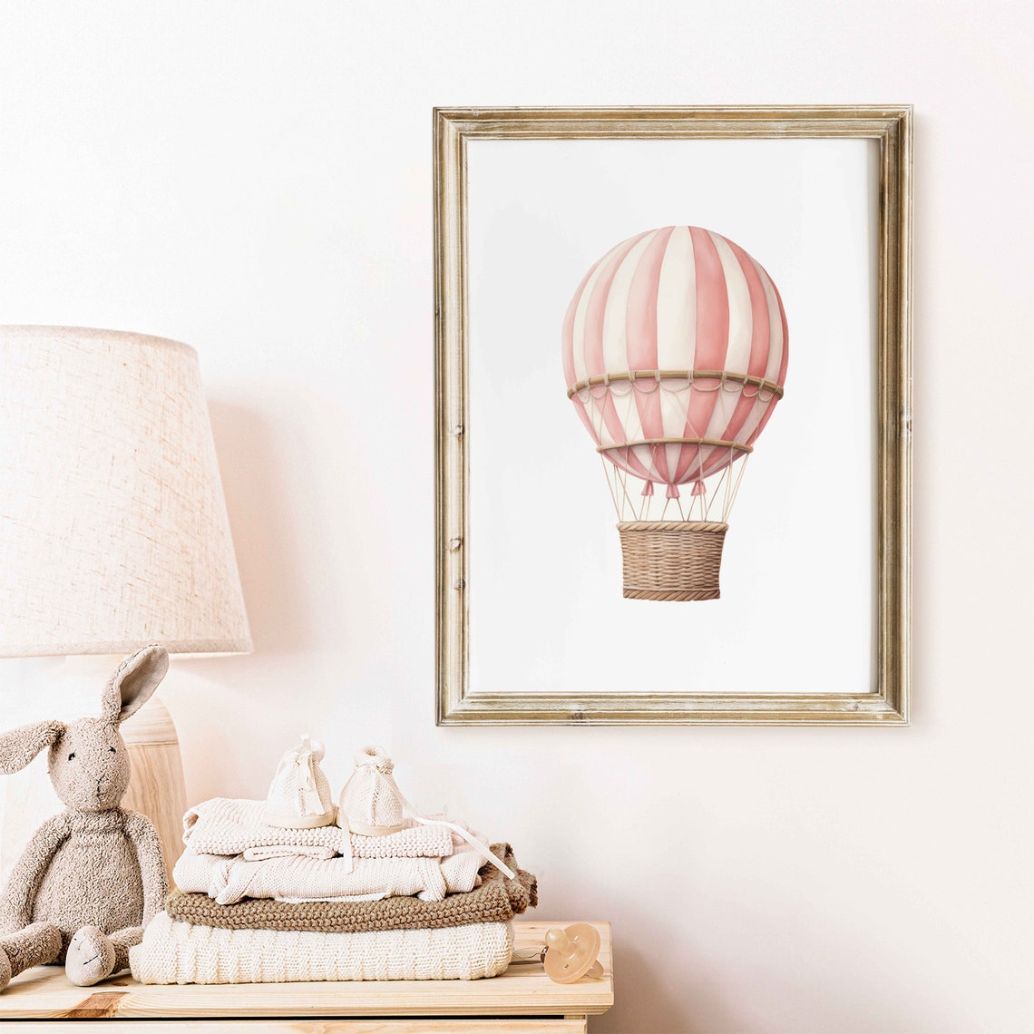 Pink And White Striped Hot Air Balloon Watercolor Nursery Poster - Image 2