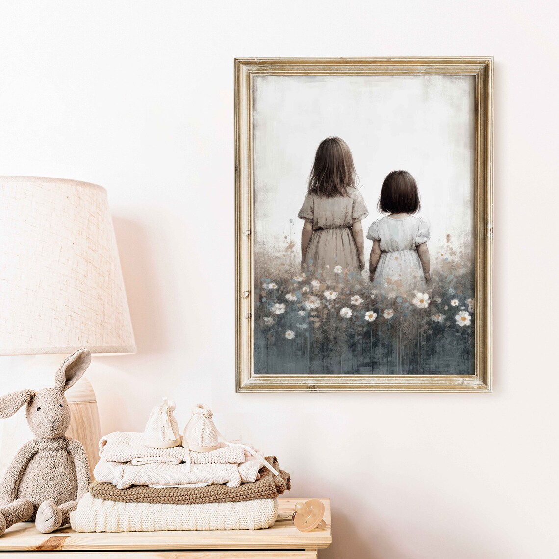 Two Little Sisters Standing Together In Wildflower Field Poster - Image 2