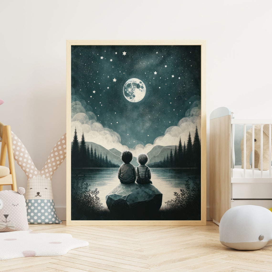 Two Brothers Stargazing By A Moonlit Lake Nighttime Sky Poster - Image 2