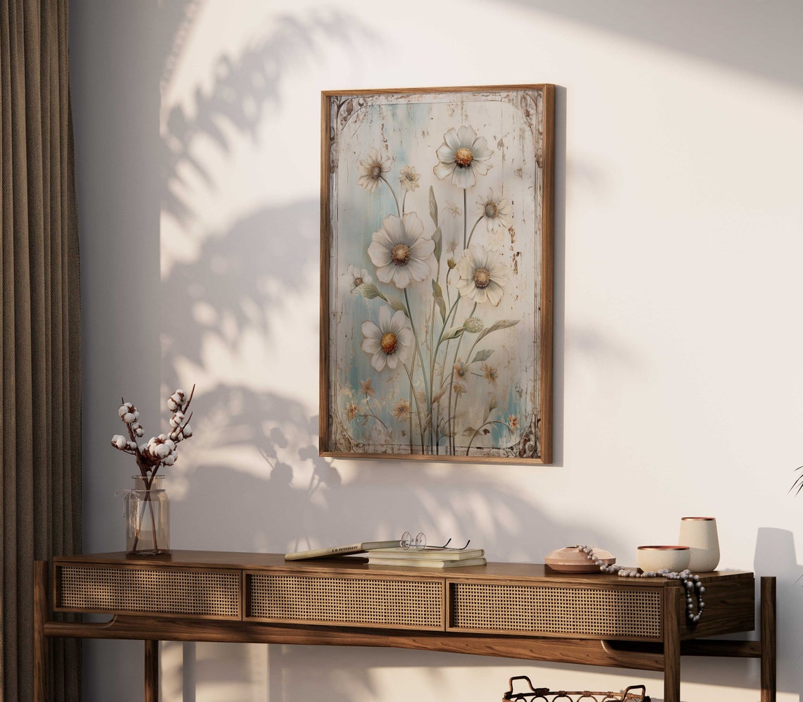 White Daisies On A Distressed Vintage Blue Background Floral Wall Art - Image 2