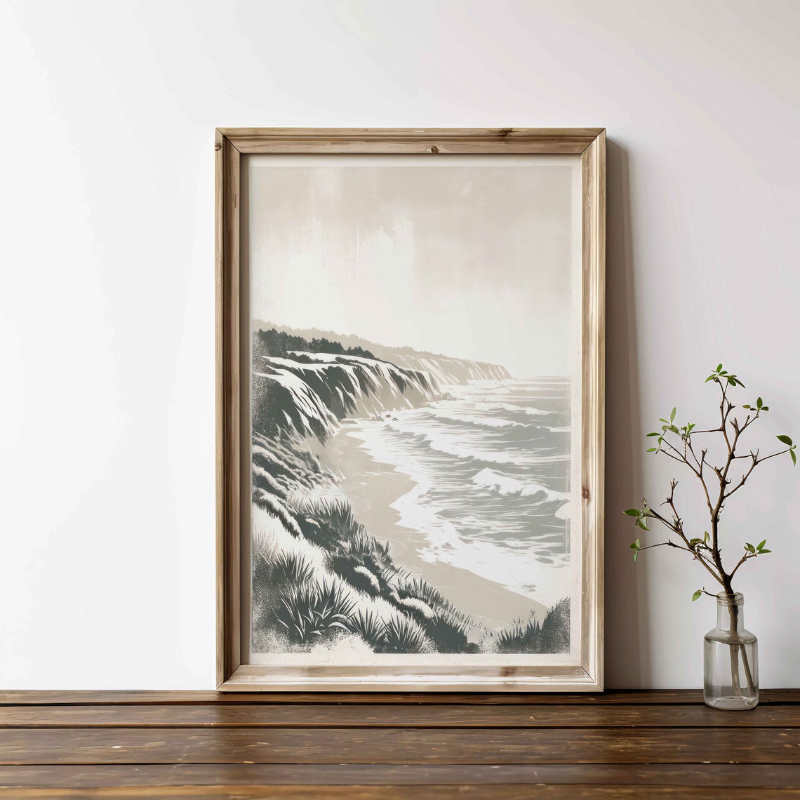 Monochrome Rocky Coastal Cliffs with Waves Grayscale Ocean Poster - Image 2
