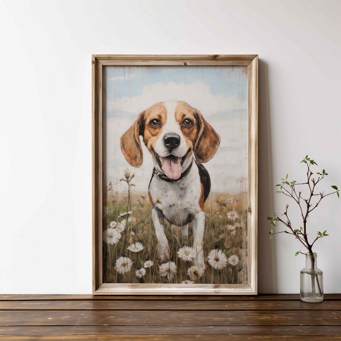 Cheerful Beagle Running Through White Daisies Dog Portrait Poster