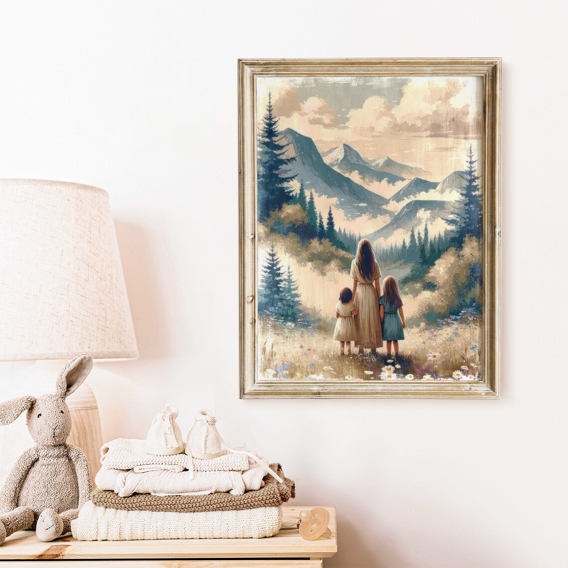 Mother With Two Daughters Facing Mountain Landscape Wildflower Poster - Image 2
